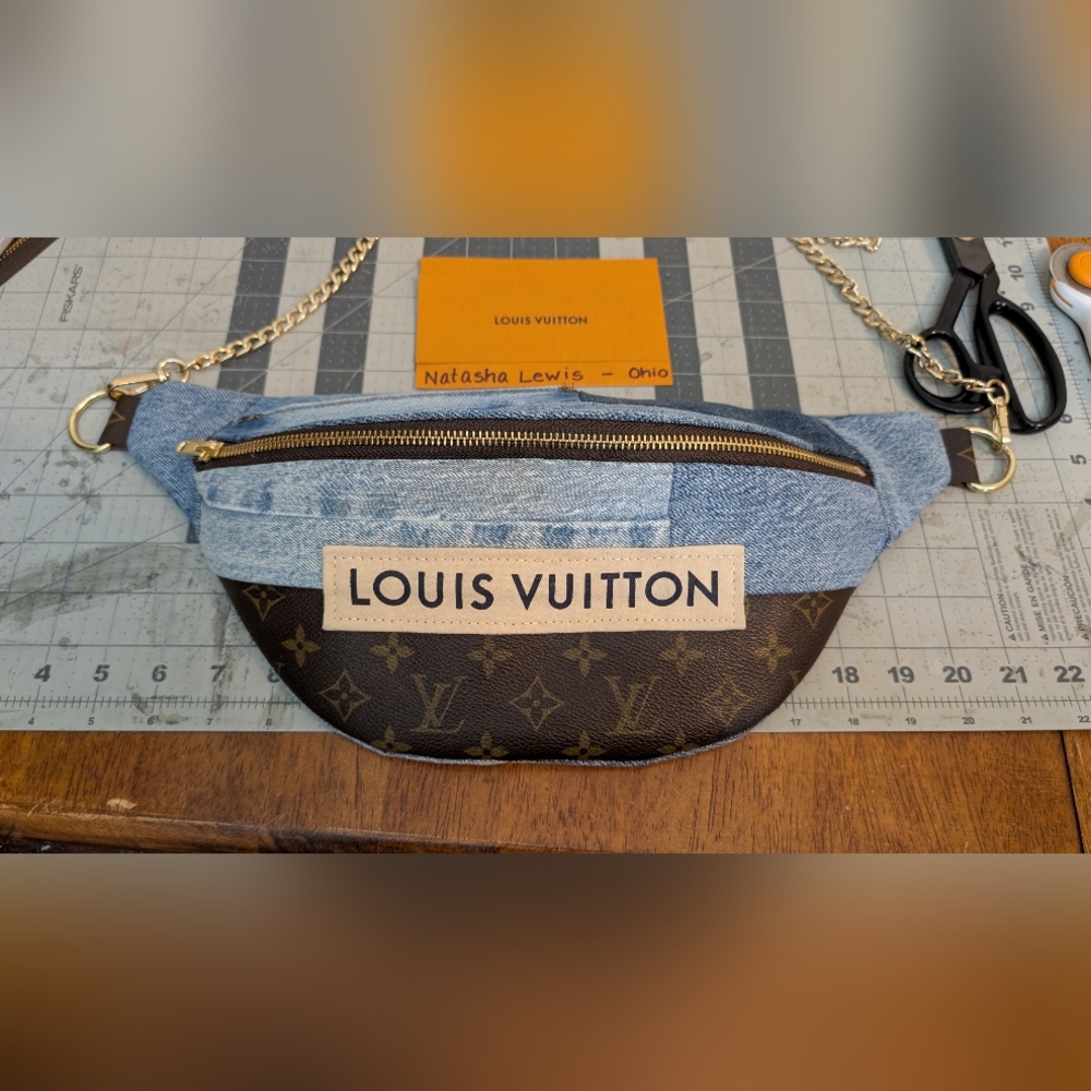 Repurposed Upcycled Denim Bumbag made w authentic Louis Vuitton canvas etc.